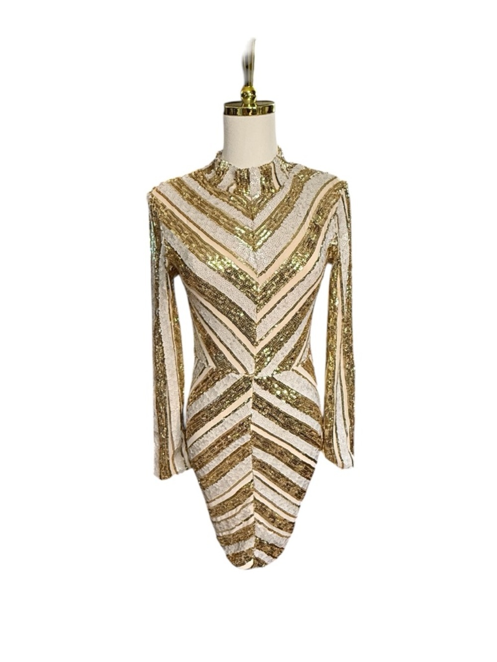 CBR Gold Cream & White Chevron Sequin Mini Bodycon Dress Size S (Size 2-4)